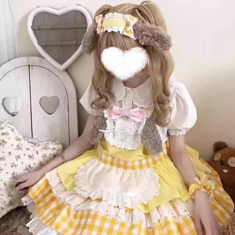 Japonês original lolita amarelo xadrez flor casamento elegância diária temperamento filhote de cachorro impressão camadas suspender vestido para mulher