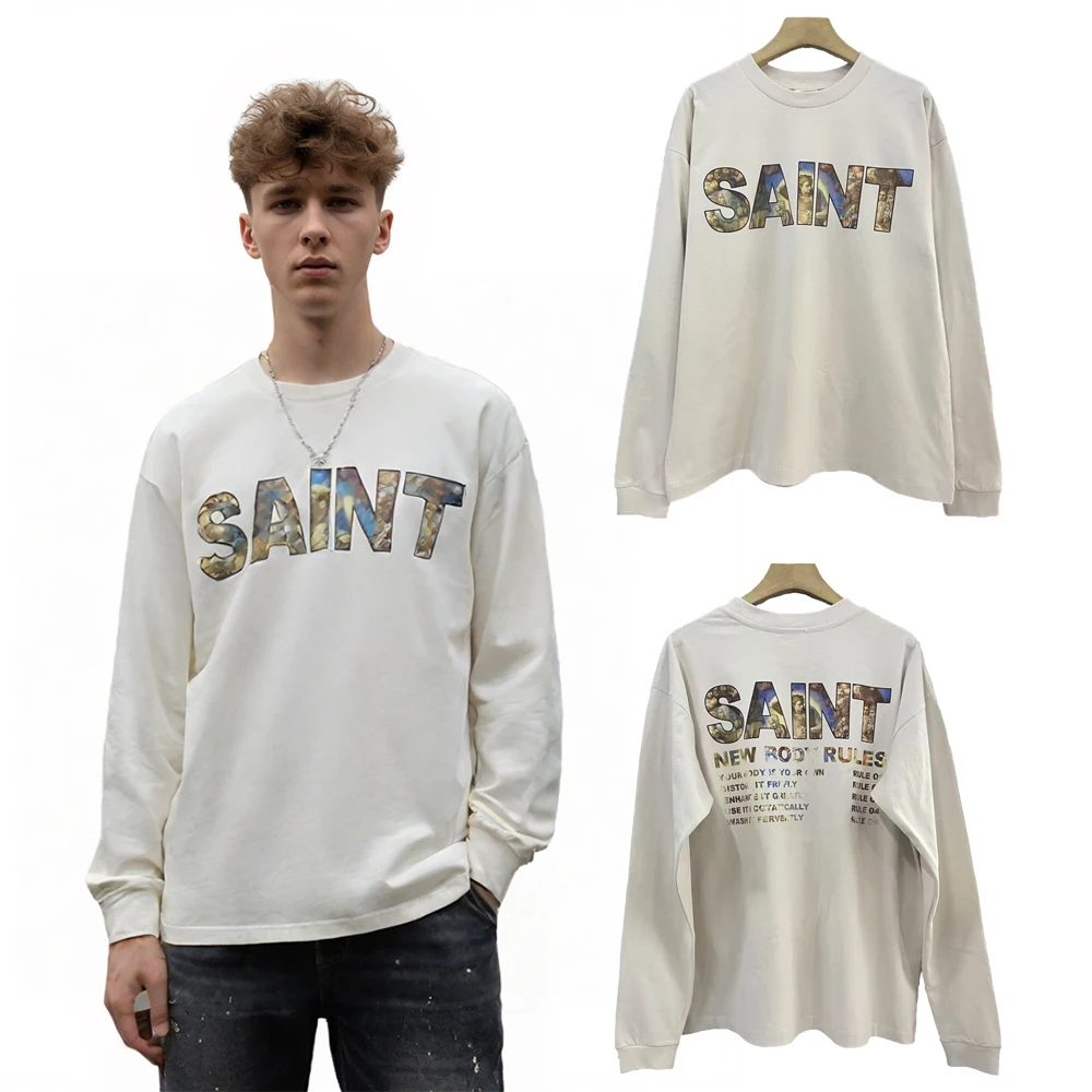 

Y2k уличная мужская одежда Saint цифровые футболки с графическим принтом в стиле хип-хоп, уличный стиль, большие повседневные хлопковые футболки с длинными рукавами