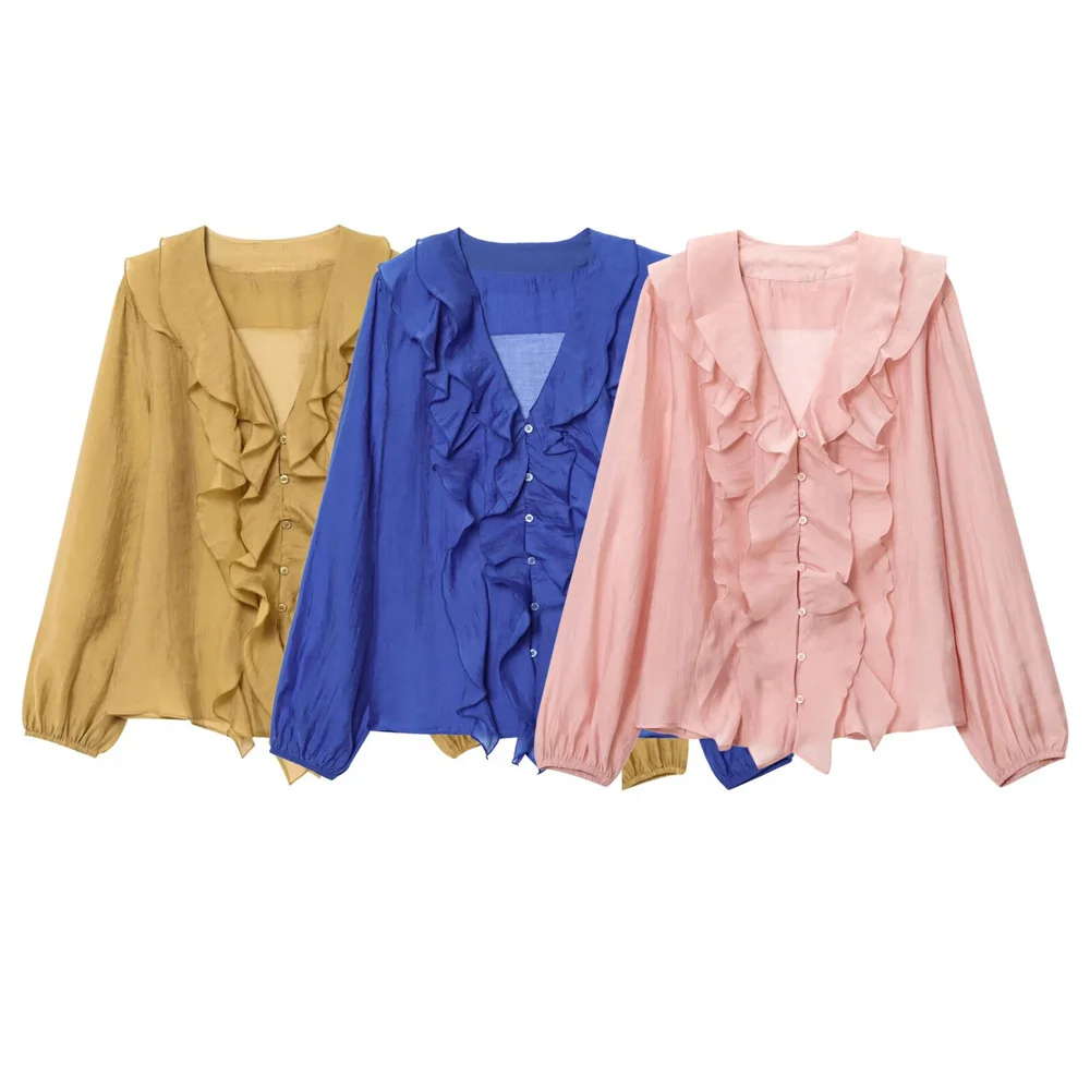 

Taop&Za women's design sense V-neck versatile layered decorative shirt summer new solid color long sleeved loose top