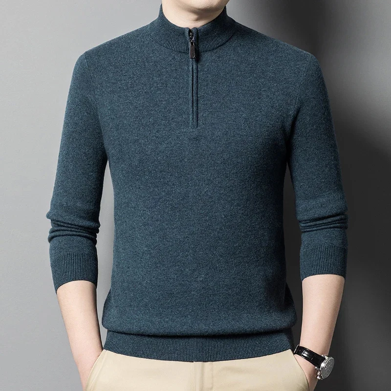 and Autumn Winter High Quality Business Casual Thickened Woolen for Men's 100% Sheep Wool Zipper Bottom Sweater