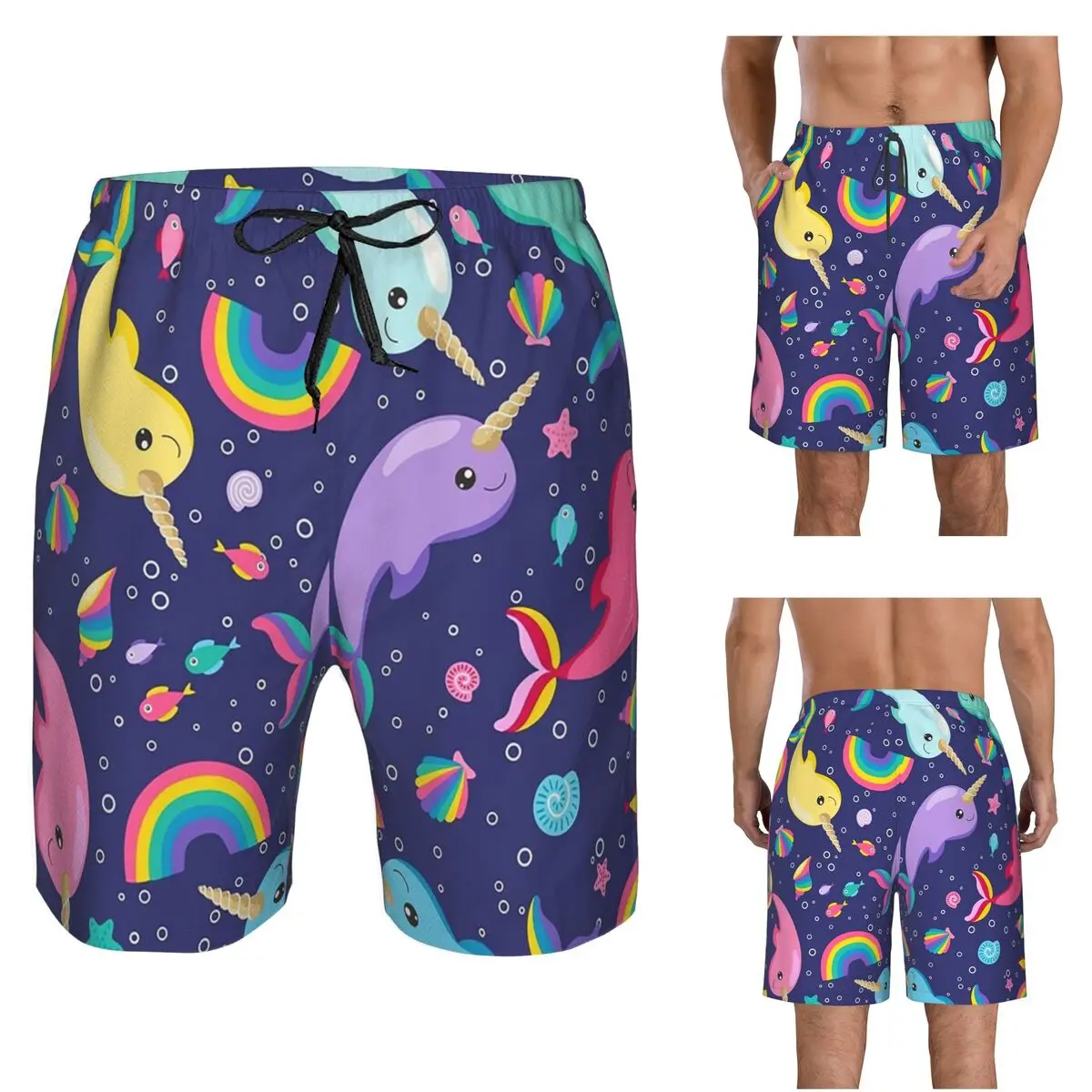 Rainbow Narwhals Under The Sea Blue Trunks Beach Board Shorts Casual Quick Dry Swim Summer Men Pants