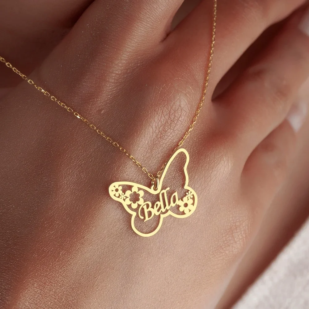 Haiyufly – collier papillon avec noms personnalisés pour femmes, pendentif en acier inoxydable, chaîne à maillons, bijoux d'anniversaire, cadeau pour enfants