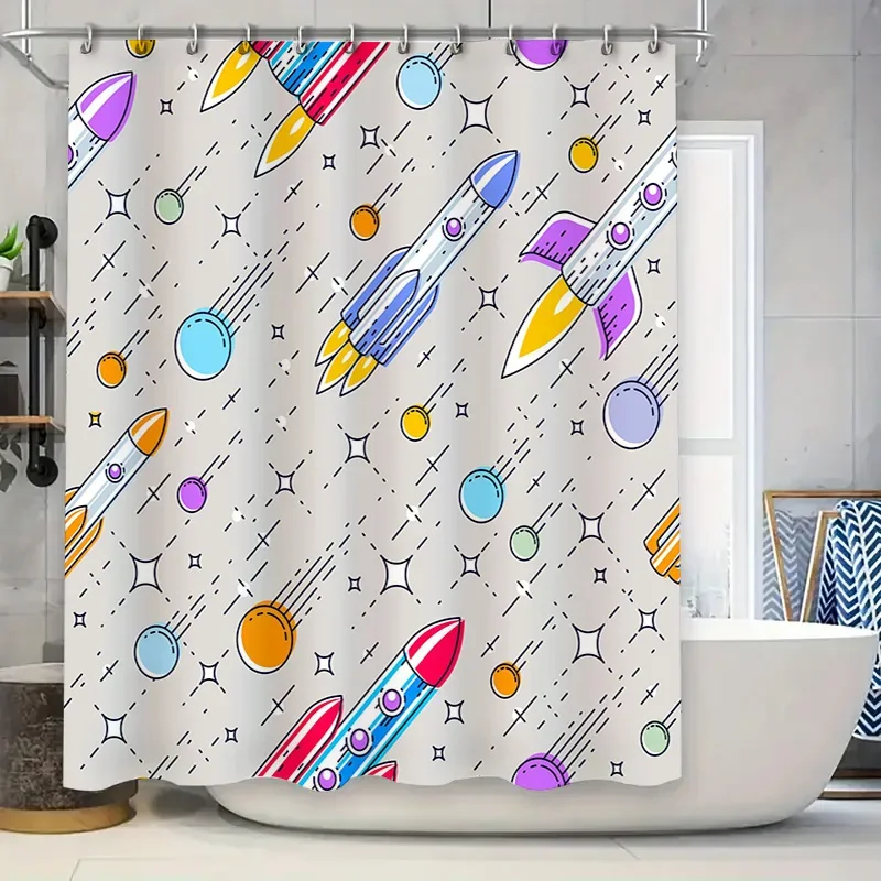 

Space-themed shower curtain with rockets modern bathroom decor for kids' room or nursery!