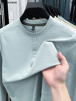 FORLENGKE 2026 Spring‑new Men Minimalist Long‑sleeve Henley Sweatshirt, 3‑button Placket, Breathable Comfy Versatile Casual Top,