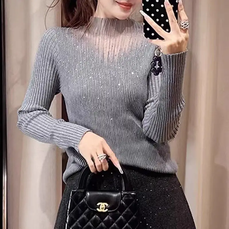 2026 New Autumn Winter Women's Bling Sweater Hot Drill Mesh Hollow Mock Neck Knitted Sweater Woman Korean Style Pullover Sweater