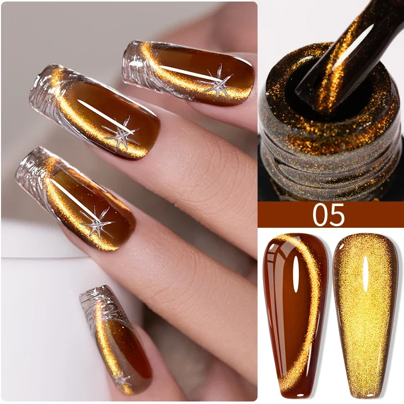 ยาทาเล็บเจลแม่เหล็กสีทอง 7.5 มล. ประกายกลิตเตอร์สีทอง ยาทาเล็บเจลแบบลอกได้ แห้งด้วยแสงยูวี ติดทนนานแบบกึ่งถาวร สำหรับตกแต่งเล็บ