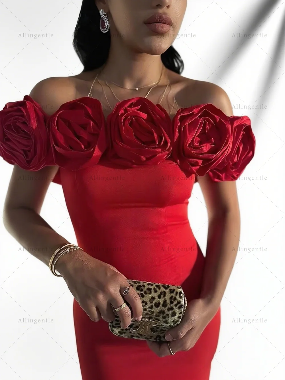 Longue robe de soirée rouge sans bretelles avec fleurs 3D épaule élégante robe de soirée de mariage en Satin robe de bal sirène arabe personnalisée