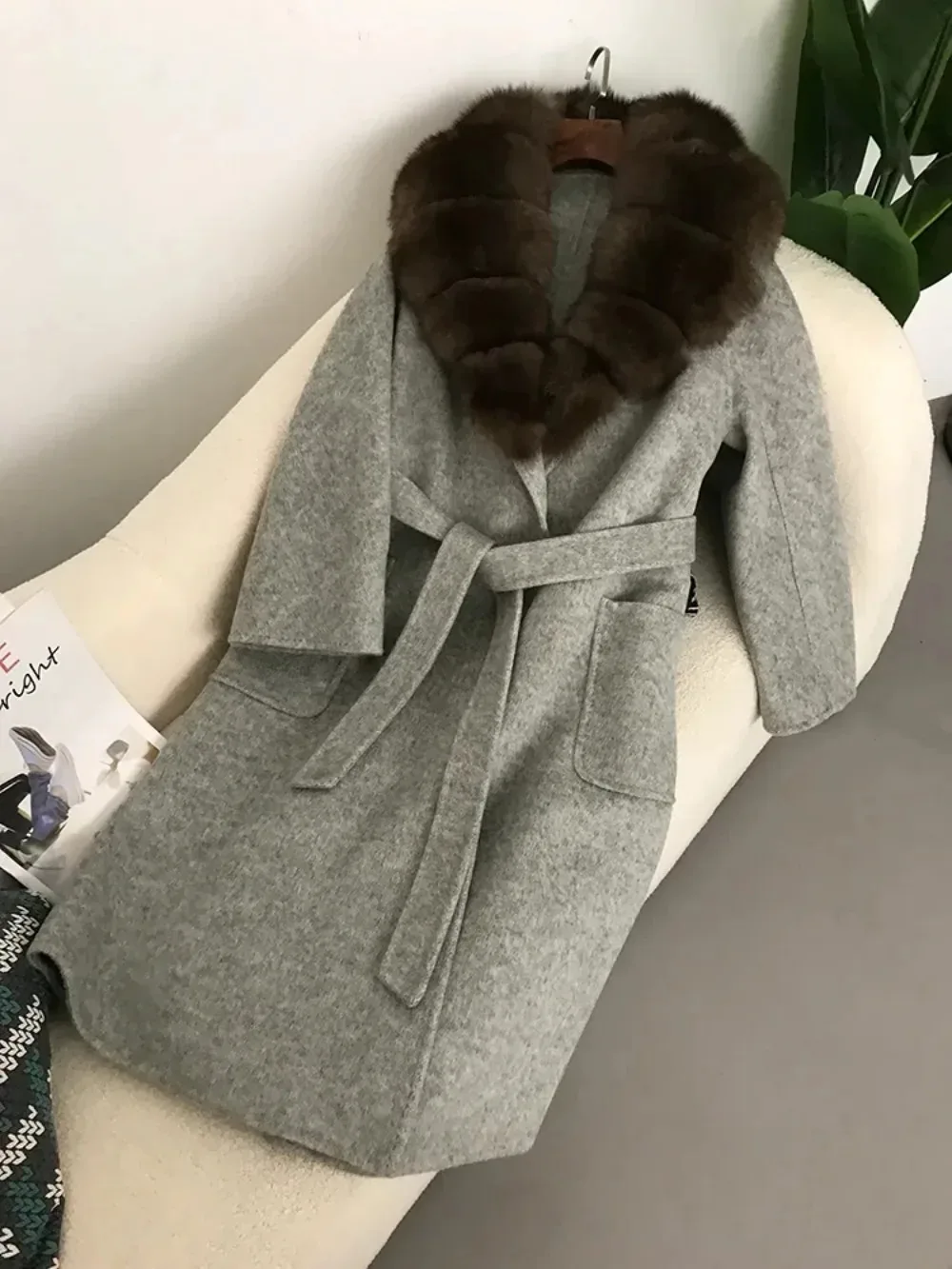 2024 Wool Woolen Ladies Natural Fox Fur Collar Winter Jacket Women Belt Real Fur Coat thick warm Outerwear Streetwear