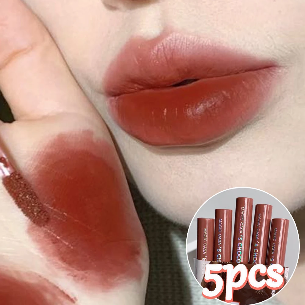 Korean Liquid Lipsticks Set 5pcs Lasting Sexy Red Waterproof Lip Gloss Velvet Nude Non-stick Cup Lips Tint Women Cosmetic Beauty