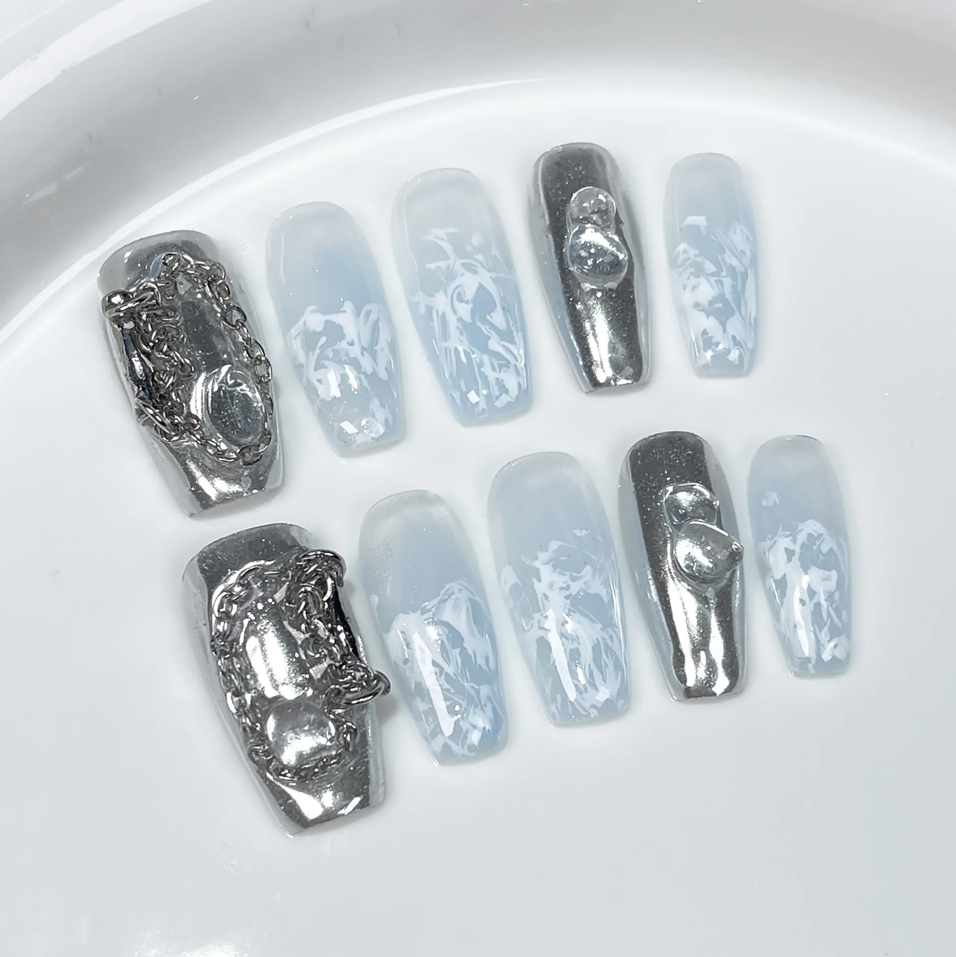 10 Uds. De uñas postizas cuadradas con purpurina hechas a mano, arte, flor de diamante, cobertura completa de puntas de uñas, diseño marrón degradado, uñas postizas largas