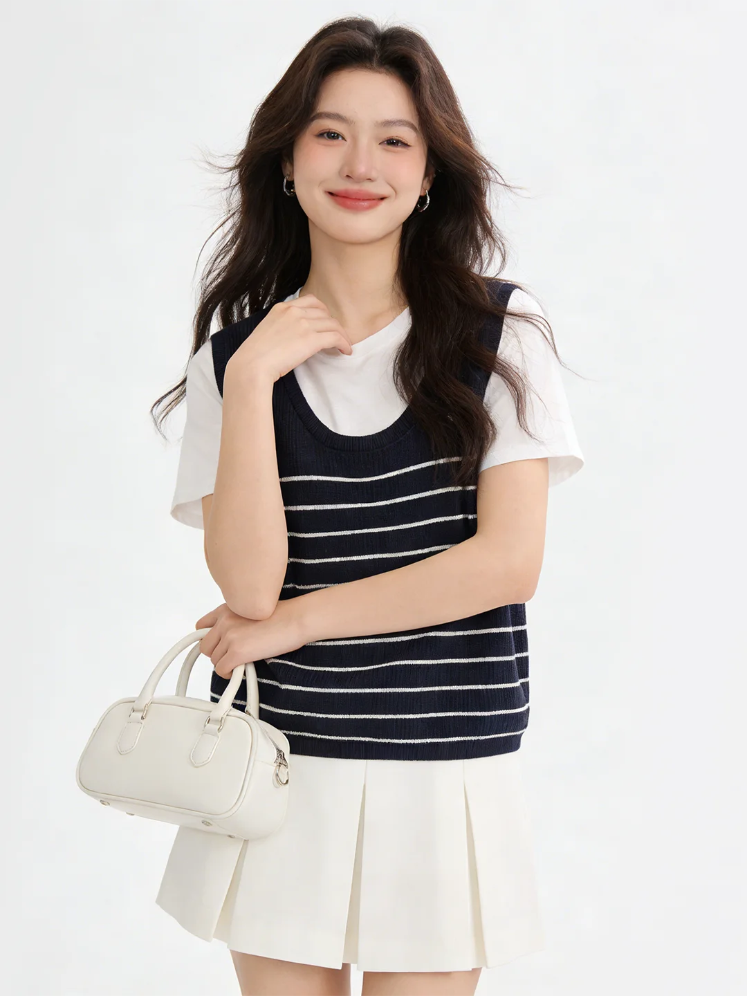 

Spring Summer Two-Piece Set ort Sve T-irt Pure Color Knitted Vest Striped Layering Faion Korean Sle Breathable Casual