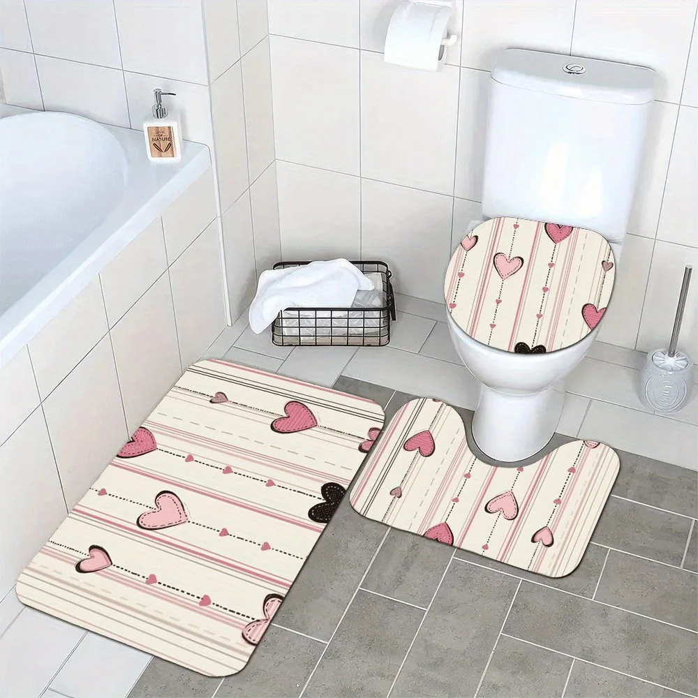 

3pcs Soft & Absorbent Plush Bath Mats - Non-Slip, Washable, Comfortable with Cute Pink & Brown Hearts on Cream, Geometric Patter
