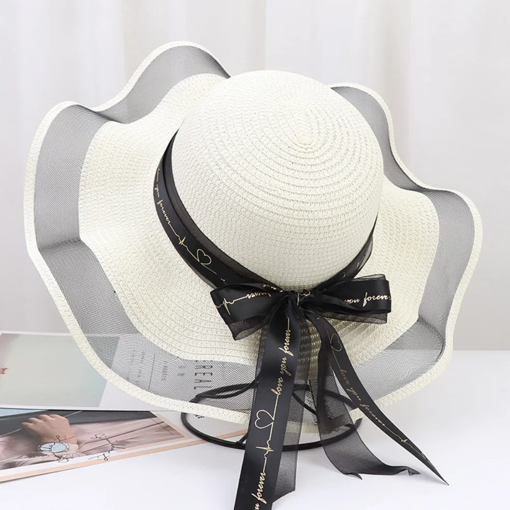 

Simple UV Protection Bow Straw Hat Weave Ribbon Beach Hat Bowkont Sun Hat Sun Protection Cap Summer
