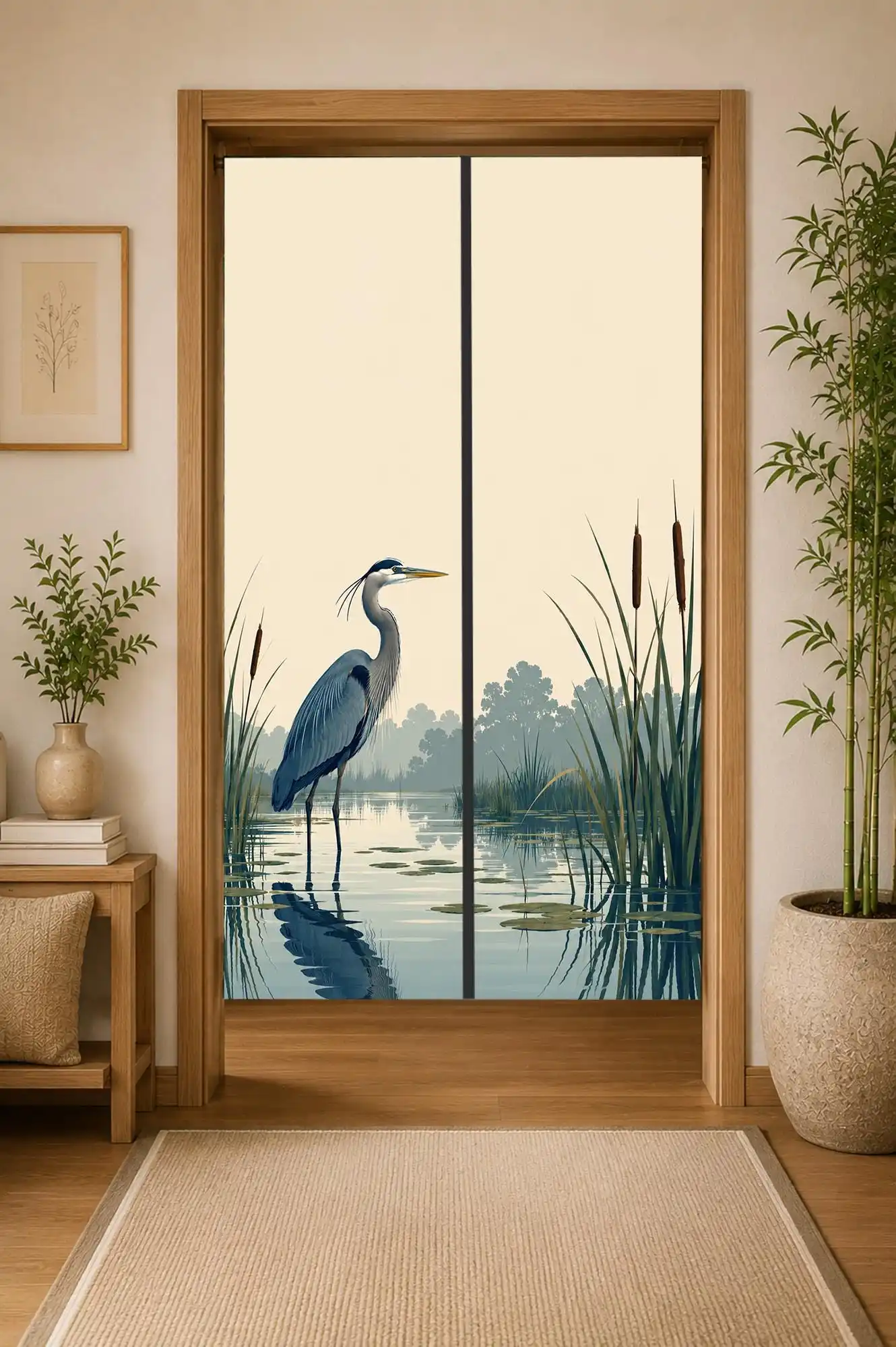 Realistic Blue Heron Pond Scene Decorative Room Curtain Waterproof Window Screen for Home Interior Design