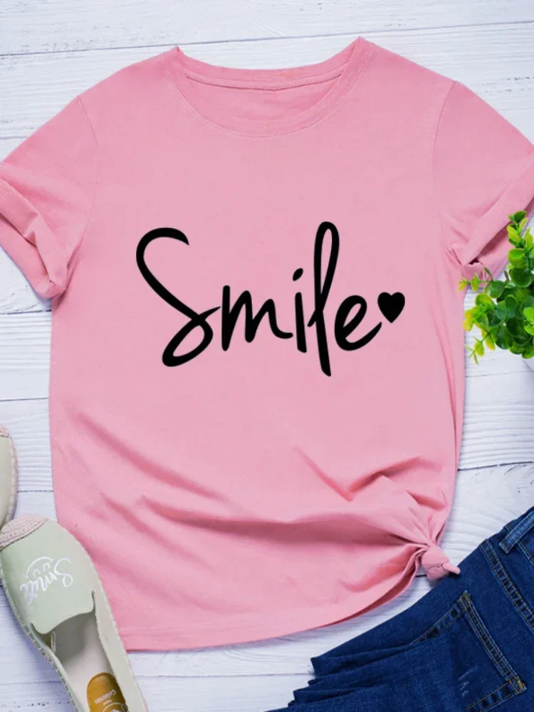 Smile Heart Print Women T Shirt Short Sleeve O Neck Women Tshirt Ladies Tee Shirt Tops Clothes Camisetas Mujer