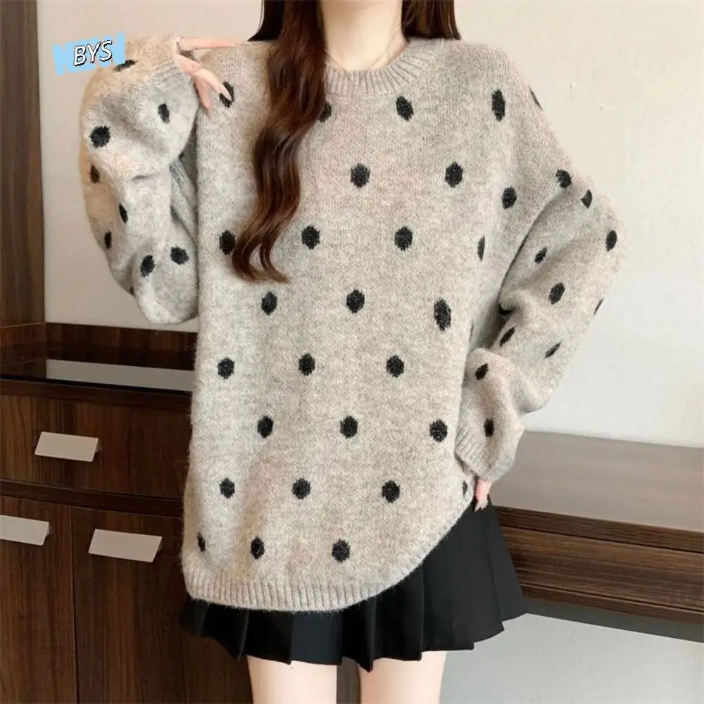 

Simple Long Sleeve Knit Short Sweater Loose Autumn Dot Crochet Knitwear Women Top Soft Sweet Girl's Pullover Spring/Winter