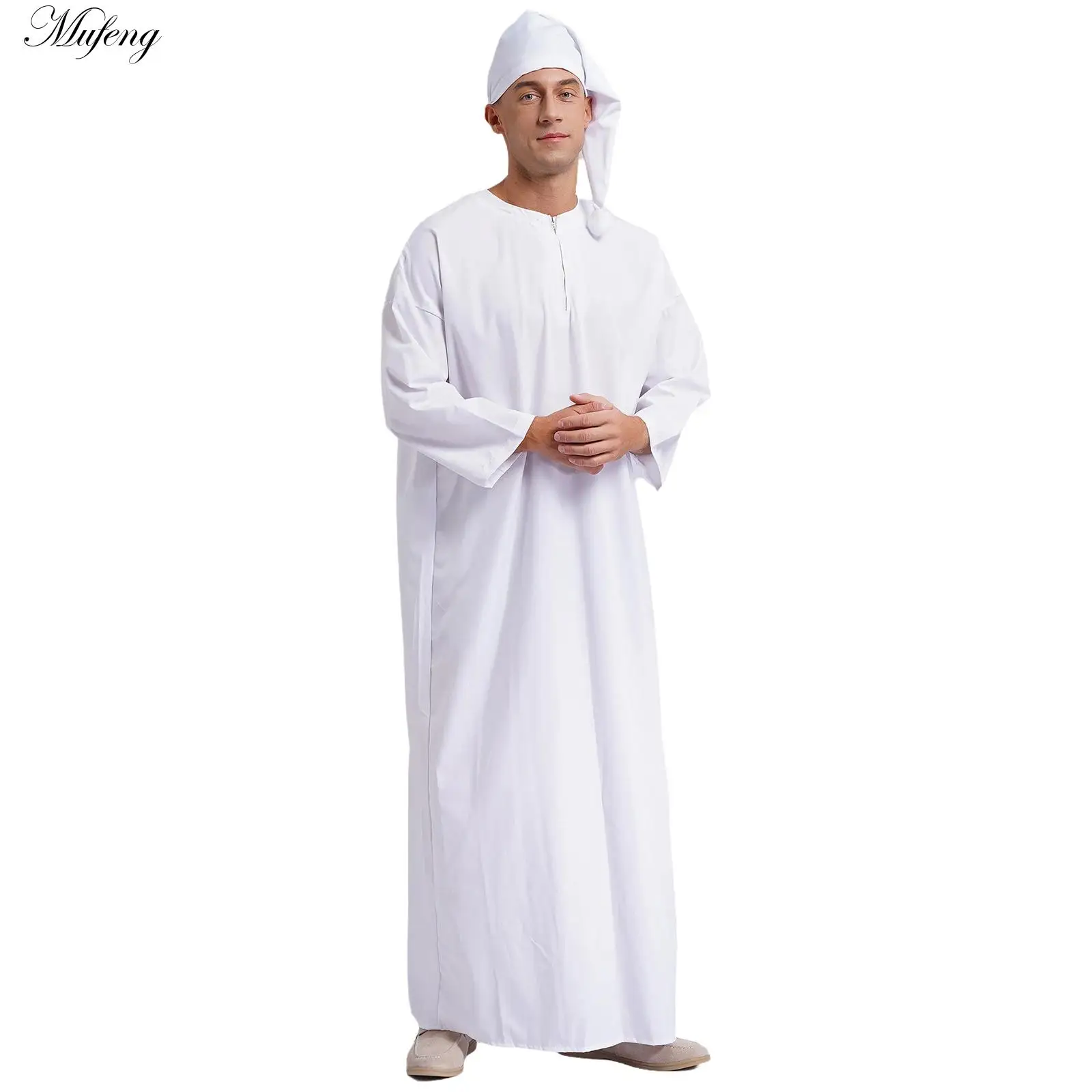 

Men's Muslim Robe Islamic Ramadan Juba Kaftan Dishdash Arabian Robe Long Sleeve Collar Loose T-shirt Dress Tunic Blouse Dress