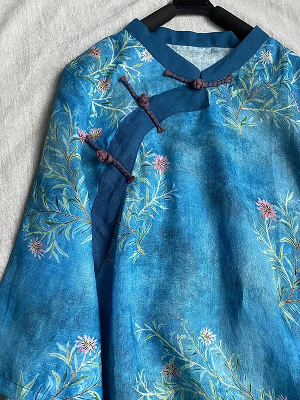 New Chinese Sle Retro Print Five-Quarter Sve irt Women's Summer National Sle Oblique Collar Buttoned Zen Tea Clothing