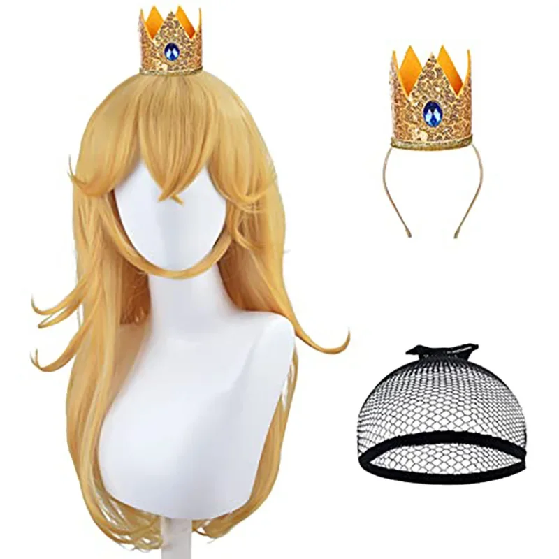 Peruka brzoskwiniowa gra Cosplay peruka księżniczki brzoskwiniowa korona Cosplay długie faliste Halloween brzoskwiniowa peruka do cosplay kostium peruki imprezowe