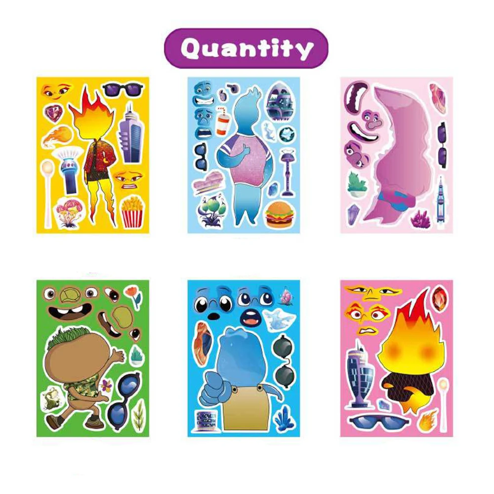 6/12Sheets Disney Elemental Puzzle Stickers Game Make a Face Children Assemble Jigsaw Funny DIY Decoration Kid Educational Toys