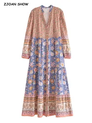 2022 BOHO Deep V neck Open Buttons Contrast Color Flower Print Dress Ethnic Woman Full Sleeve Swing Maxi Long Robe Holiday Beach
