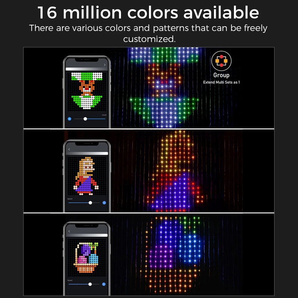 LED DIY Pattern Curtain Light String RGB Color App Remote Control Curtain Light with Music Sync Smart Decoration Window Light