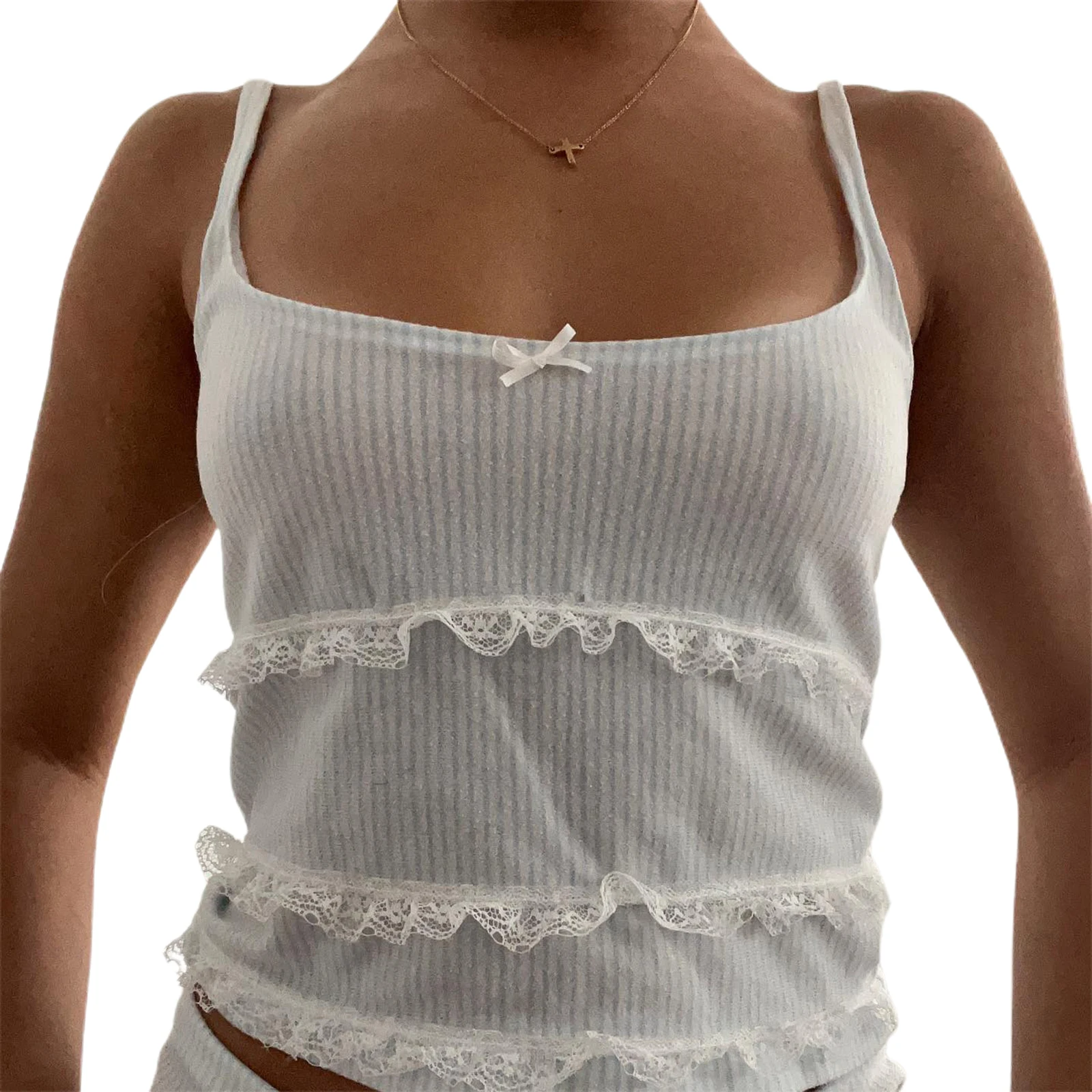

2 Pieces Women Summer Clothes Outfits Solid Color Lace Trim Camisoles Sleeveless Sling Tank Tops and Elastic Waist Shorts Set