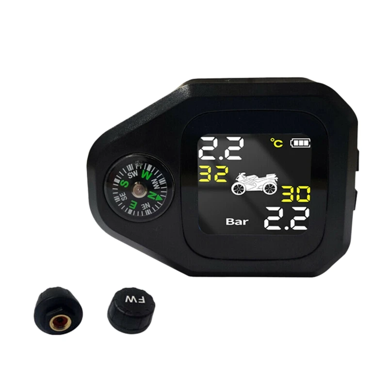 

USB Solar Charging Motorcycle TPMS With Compass Tire Pressure Temperature Monitor Alarm System With 2 External Sensors