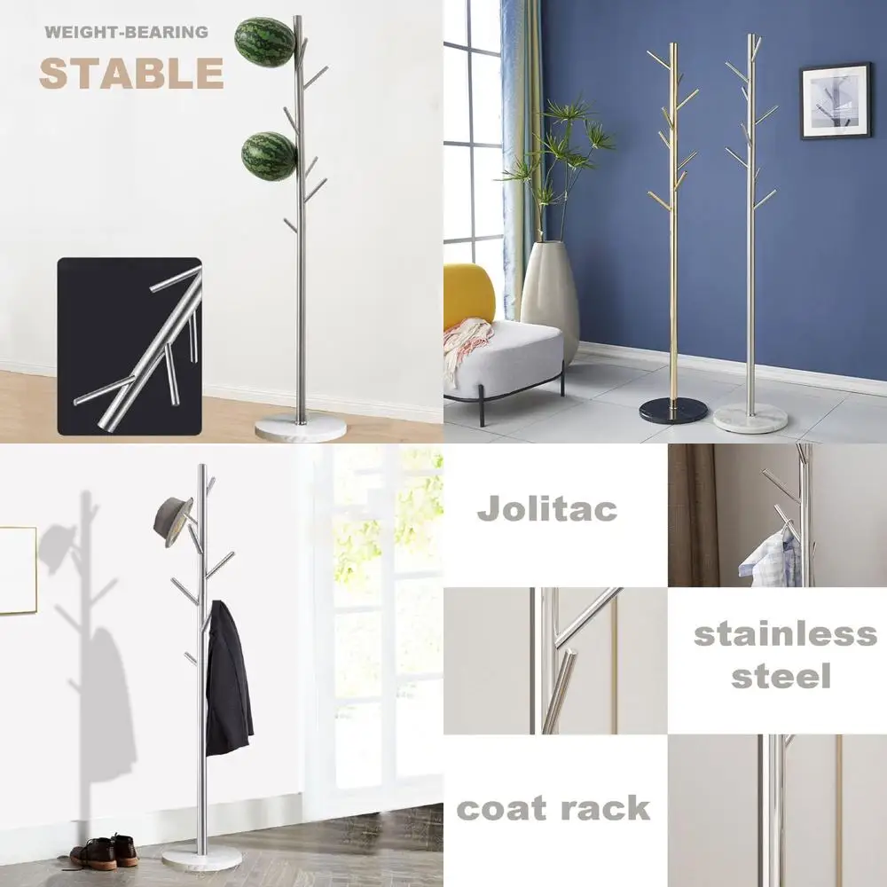

Stable Marble Base Satin Steel Coat Rack with Hooks, Free Standing Metal Tree for Hats and Coats, Easy Assembly, Bedroom Floor H