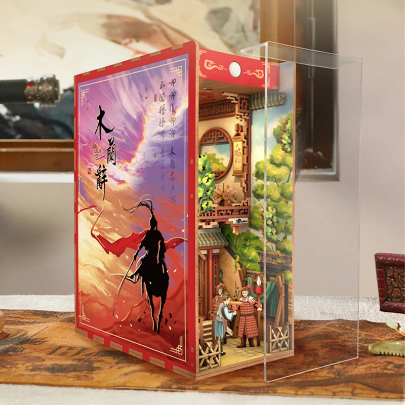 DIY Wooden Book Nook Shelf Insert Kits Miniature Building The Ballad of Mulan Bookends Bookshelf Dollhouse for Friend Gifts