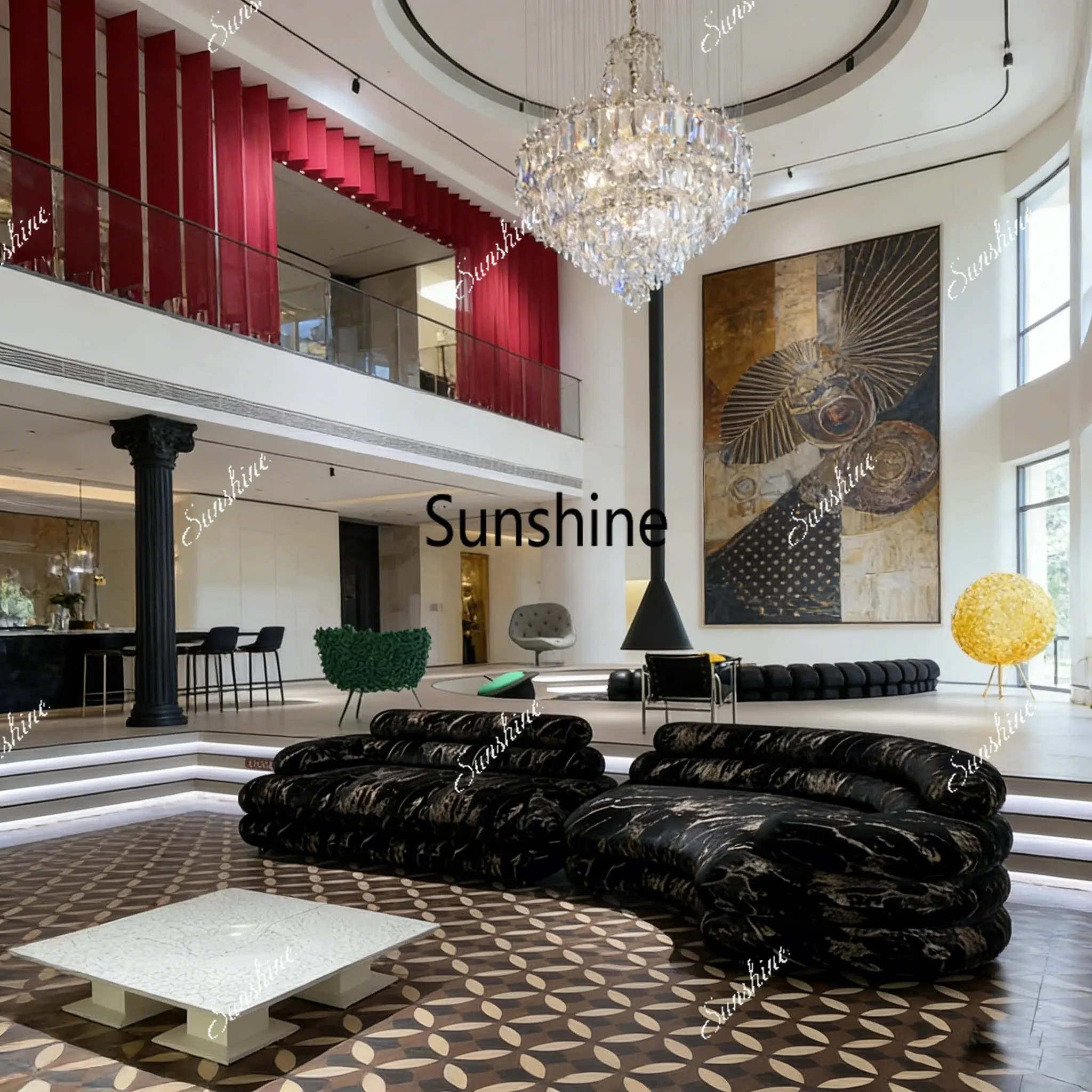 Italian minimalist light luxury curved large flat-floor villa hotel living room sofa