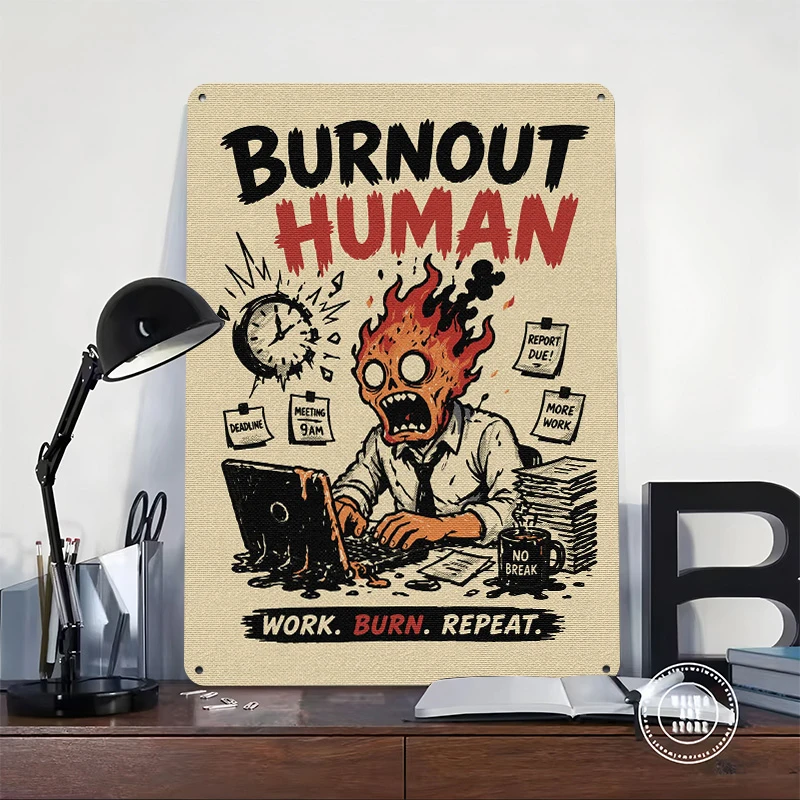 Burnout Human Illustration Tin Poster Customized Wall Art Retro Vintage Metal Signs for Fans Room Luxury Home Decor Items Plate