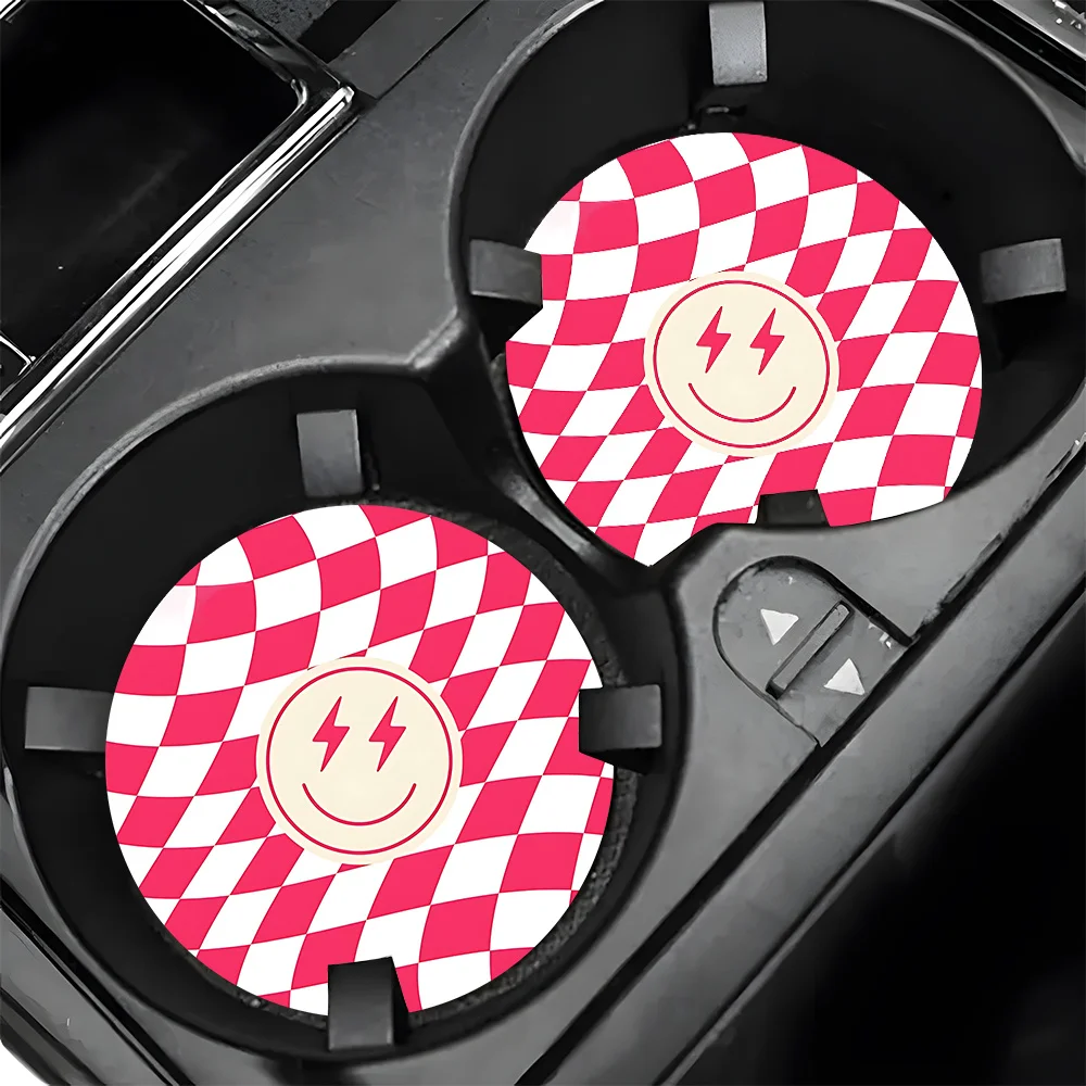 2pcs Car Coasters - Non-Slip Car Coasters Featuring A Red And White Checkered Pattern With A Smiley Face, Compatible With All Ve