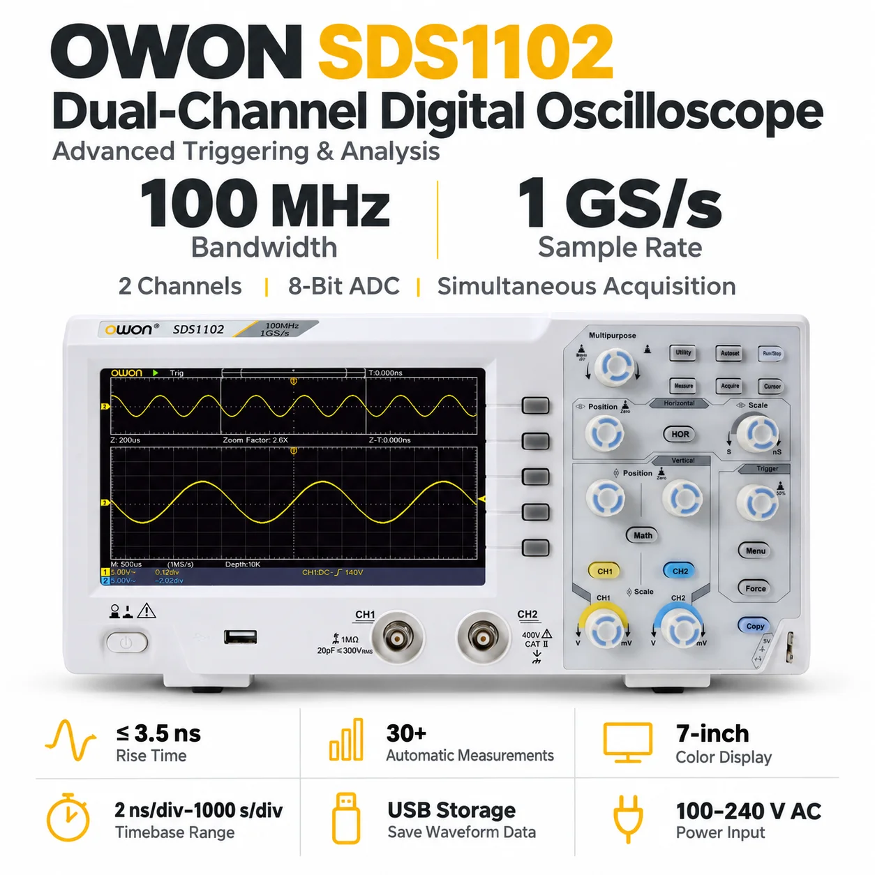 OWON SDS1102 100MHz Bandbreite Desktop-Digital-Oszilloskop 2 Kanäle 1GS/s Abtastrate 5mV/Div 7-Zoll-TFT-Speicher-Oszilloskop