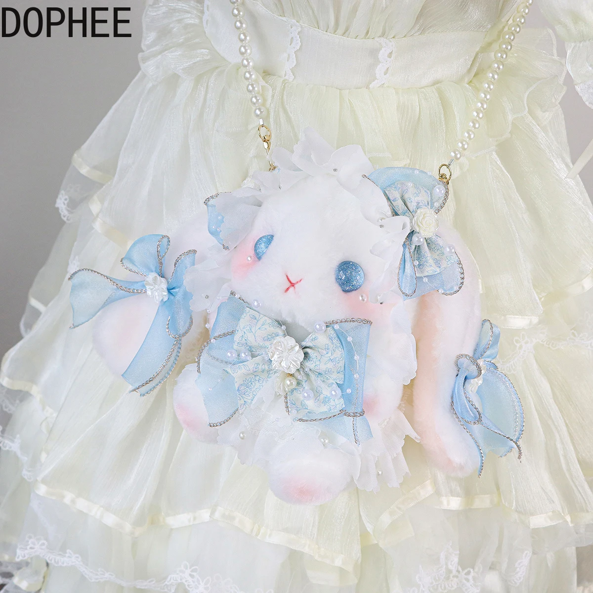 

Original Handwork Hanging Ear Rabbit Doll Bag Lolita Beading Cute Bow Plush Bag School Students Shoulder Strap Crossbody Bags