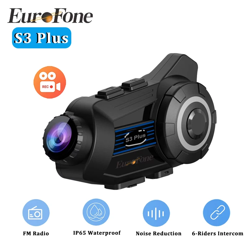 EuroFone S3 Plus Motorcycle Helmet Bluetooth Intercom Headset Supports 6 People Intercom Distance 500-2000 2K Video Recorder DVR
