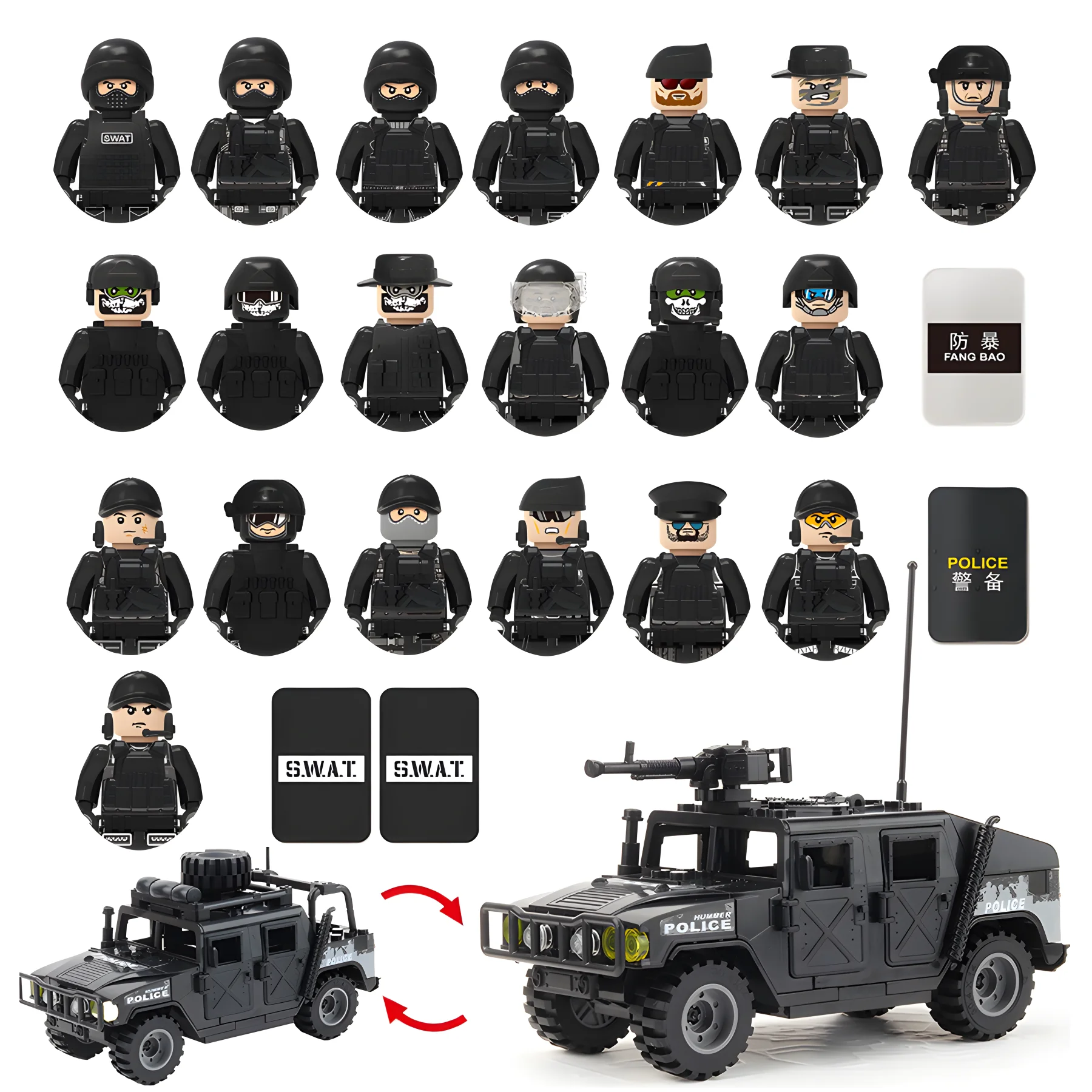 Military Special Forces Police SWAT Gangster Weapons Guns Mortar Jeeps Off-Road Armored Vehicle Model Soldier Building Block Toy