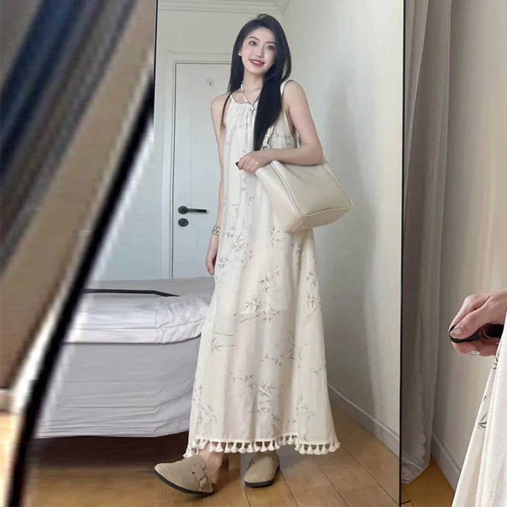 

Fashion Loose Floral Skinny Strap Dress Apricot A-line Sleeveless Long Dress Tassel Chinese Style Beach Vacation Sundress Summer