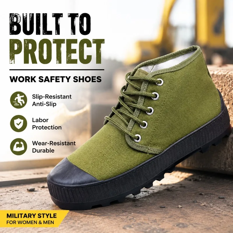 Canvas High-Top Work Safety Shoes for Women Men, Slip-Resistant Anti-Slip Labor Protection, Wear-Resistant Military Style