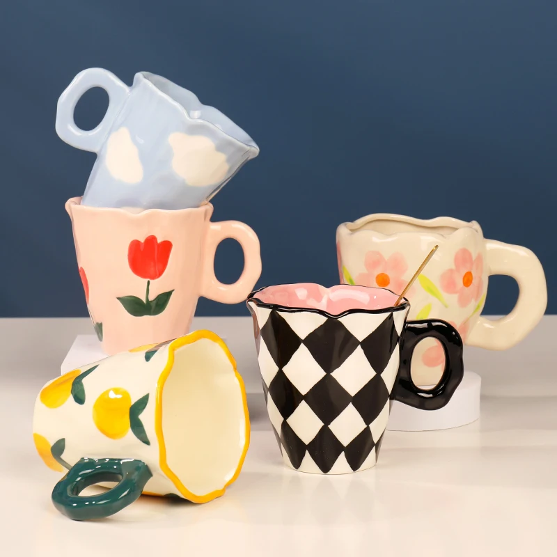 Personalized Hand Painted Bear Tulip Flower Orange Cloud Ceramic Mugs Handcrafted Irregular Shape Coffee Cups Beautiful Mug Gift