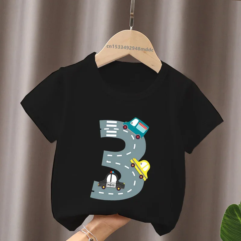 Different Car Print Birthday Number Bow Kids T shirt 1 2 3 4 5 6 7 8 9 Years Girls Clothes Funny Baby Boys Short Sleeve T-Shirts