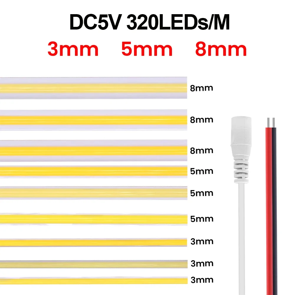 5V 12V światło pasek COB LED Ultra cienkie 3MM 5MM 8MM elastyczna taśma 320Leds/m RA90 ściemnialna ciepły naturalny zimny biały oświetlenie liniowe