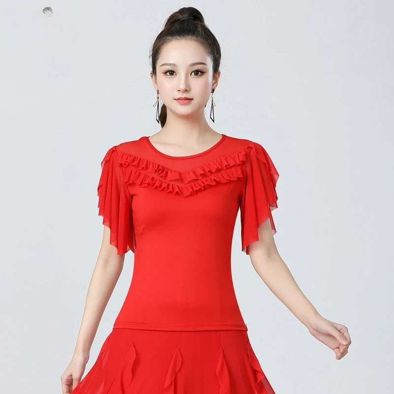 

Latin Dance Tops Flared Sleeve Designed Female Adult Spring and Summer Multi-color Milk Silk Senior Practice Performance Costume