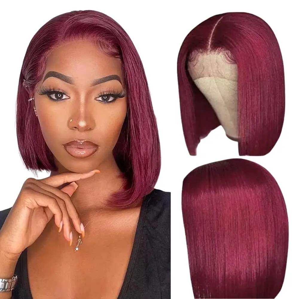 

Бургундские парики из натуральных волос 8-14 дюймов, 13x4 HD, с кружевной передней частью, плотность 200, предварительно выщипанные и предварительно обесцветенные, цвет 99J, красные, прямые, короткие, в стиле боб