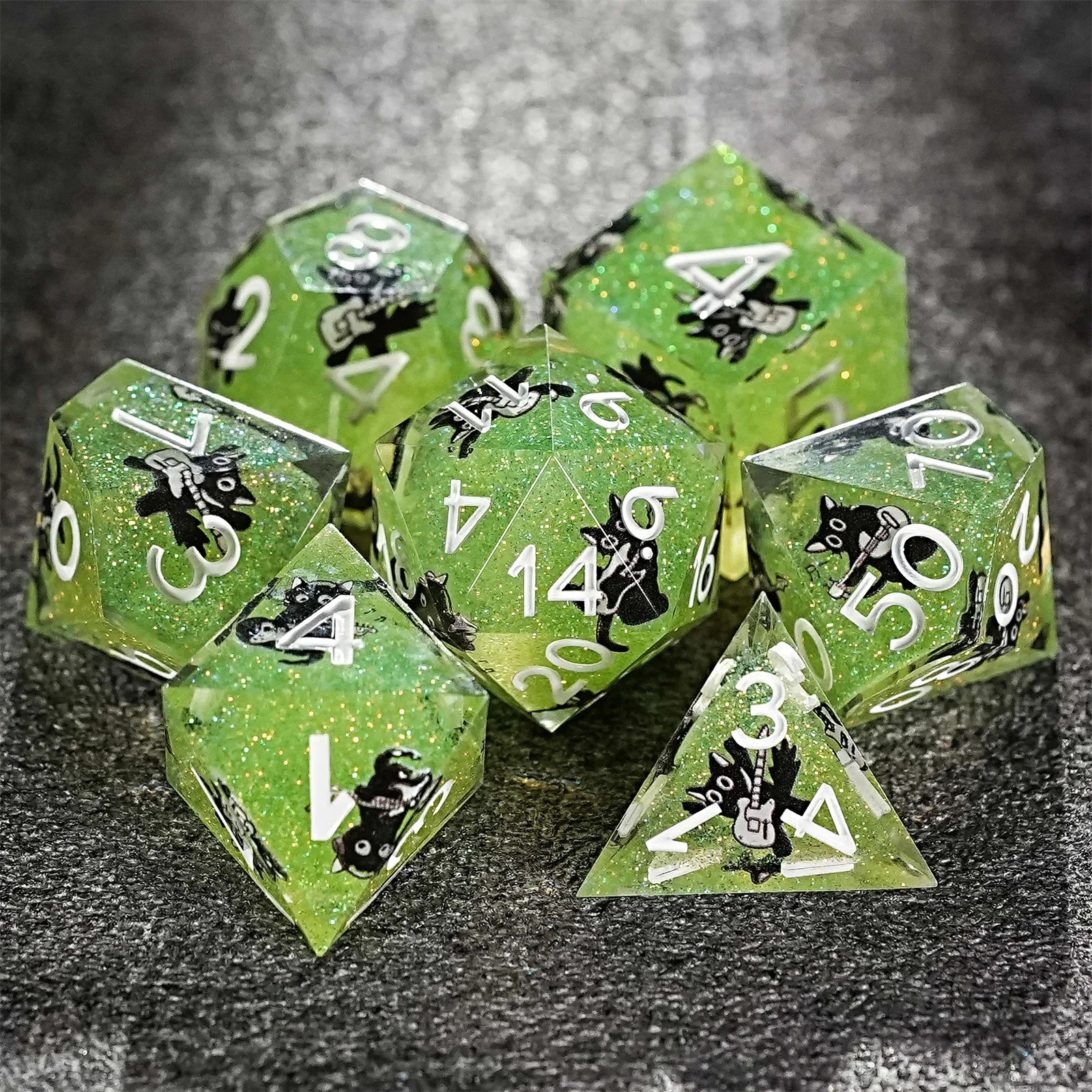

7pcs DND Green Cute Cat Dog Cyan/Blue/Orange Resin Dice Multi-sided Polyhedral Dice for D&D Game COC Role Playing RPG Table