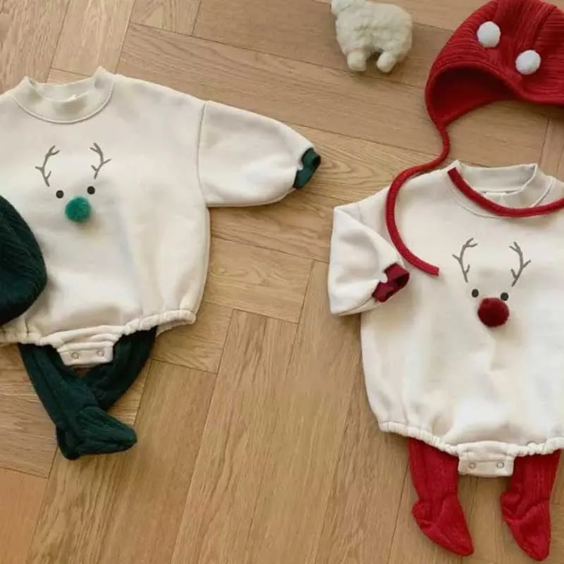 Autumn Winter Christmas Clothes Newborn Boy Baby Deer Antler Print Long Sleeve Bodysuit Girl Infant Cotton Thick Onesie+Cap 2pcs