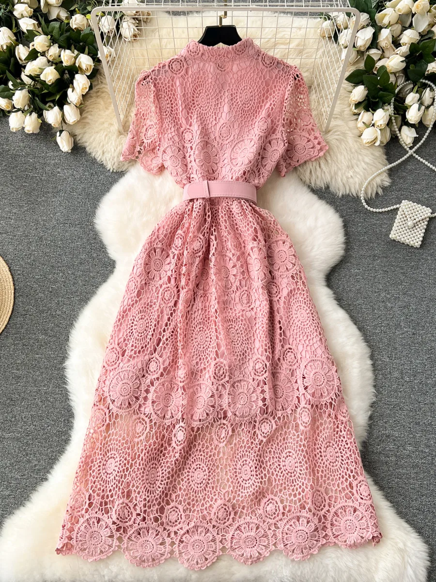 2024 Fashion Elegant Lace Hollow Out Party Dress Women Short Sleeve Slim Belt Solid Vintage Streetwear Summer Long Dresses