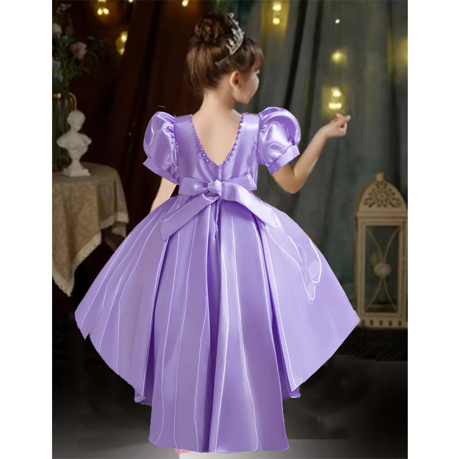 

Little Girls Lace Embroidered Flower Girl Dress Birthday Party Pageant Hi-Lo Gown AT122