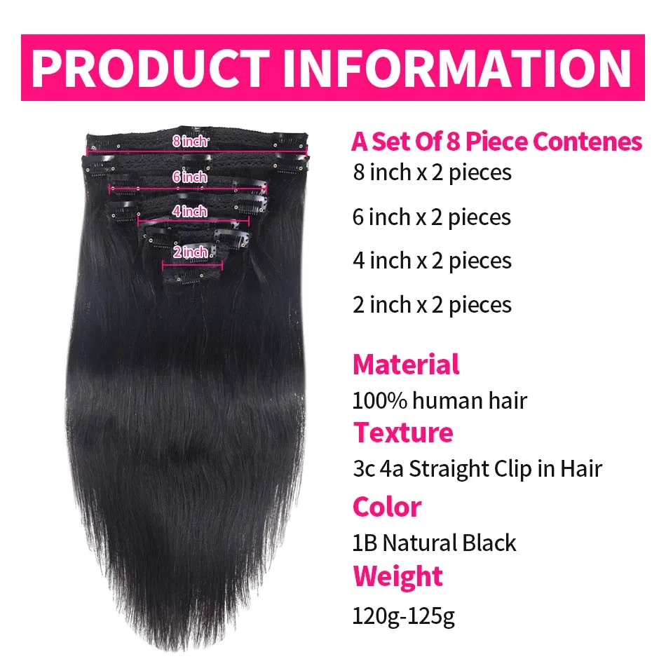 Clip in Hair Extensions Real Human Hair 120G Natural Black 100% Remy Human Hair Clip in Extensions Soft Silky Straight for Women