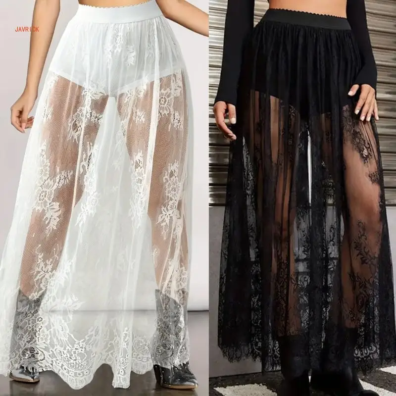 Women 2 in1 Flowys Meshes Lace Maxi Skirts A Line Long Skirt with Shorts Bottom Festival Raves Clothes Halloween Costume